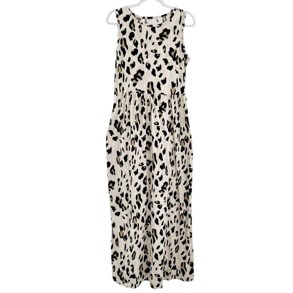Tickled Teal Off White Cheetah Print Sleeveless Tank Maxi Dress Women's Size M - Picture 1 of 9